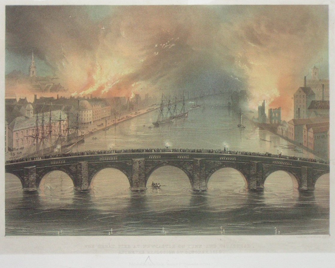 Lithograph - The Great Fire at Newcastle on Tyne and Gateshead, after the Explosion 6th October, 1854